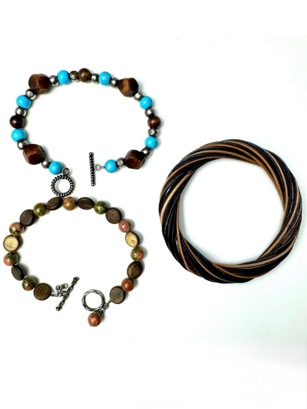 Bracelet Bundle of Three Wood Bangle Beads Earthtone Colors Turquoise Unakite